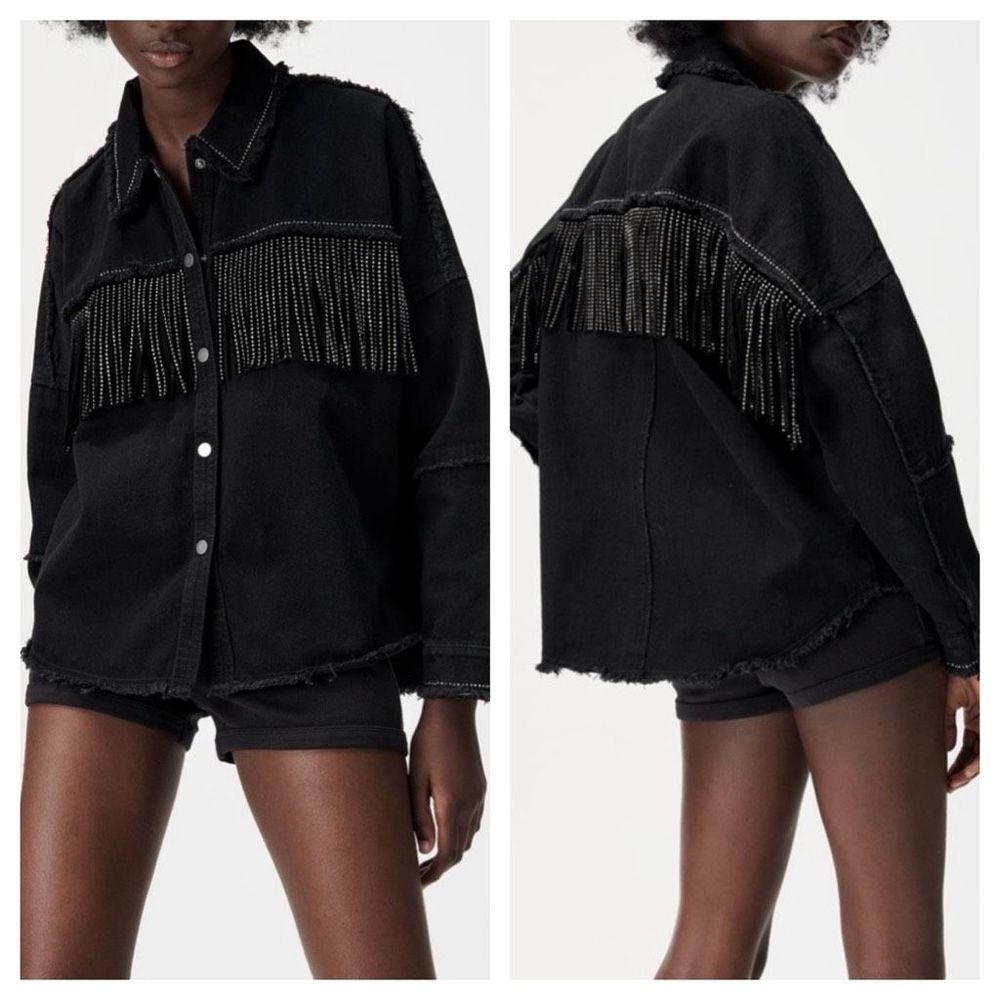 ZARA Shiny Fringe Jacket Denim Fringe Black Button Snap sz Small